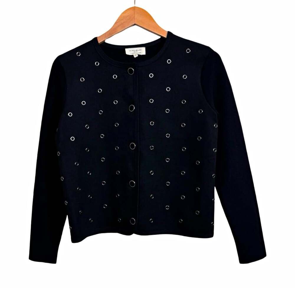 Women’s La Vila Milano Black Grommet Button Front Round Neck Cardigan Sweater S
